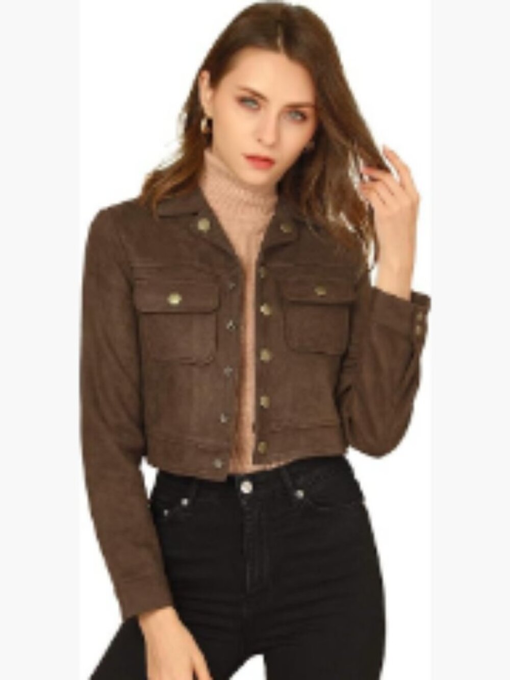 Faux Suede Cropped Jacket with Button Collar and Flap Pockets